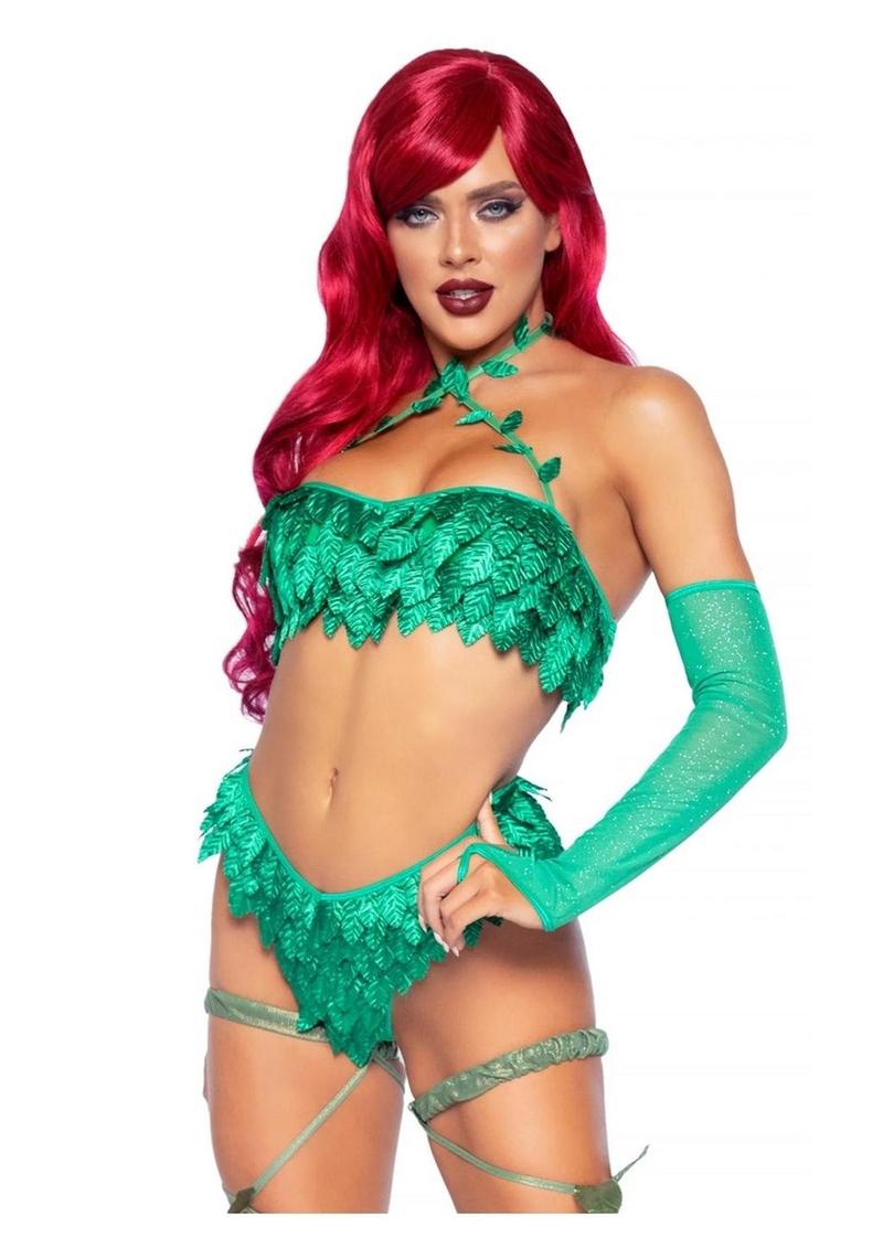 Leg Avenue - Poison Temptress Leafy Halter Top with Corset Lace Up Back, Leafy Panty, and Sleeves
