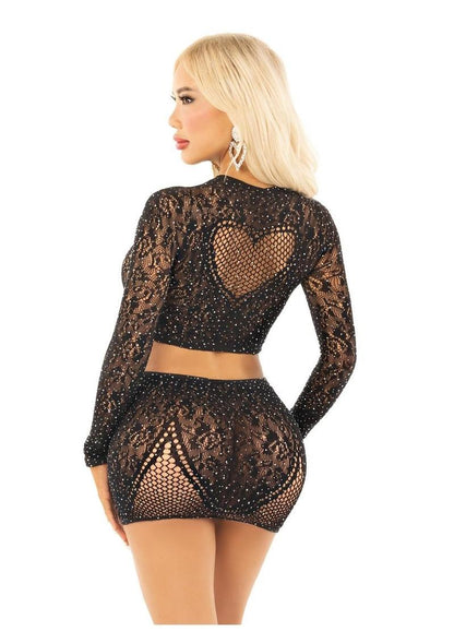 Leg Avenue - Rhinestone Lacey Net Crop Top with Heart Keyhole Detail and Mini Skirt [2pc]