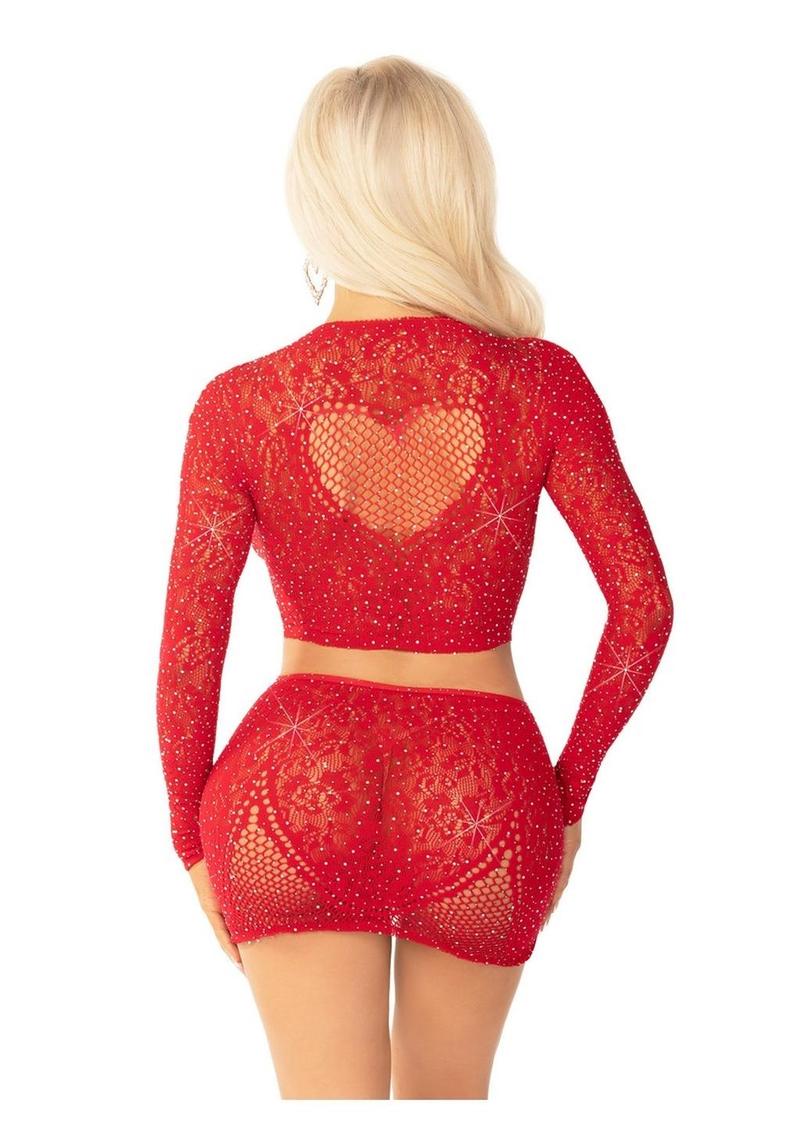Leg Avenue - Rhinestone Lacey Net Crop Top with Heart Keyhole Detail and Mini Skirt [2pc]