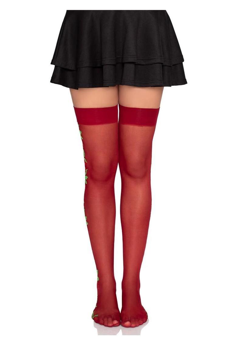 Leg Avenue - Spandex Sheer Thigh Highs w/ Embroidered Rose Side Detail
