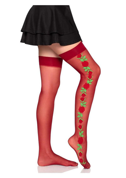 Leg Avenue - Spandex Sheer Thigh Highs w/ Embroidered Rose Side Detail